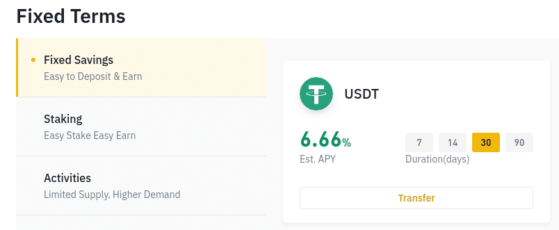 Screenshot of Binance earn fixed terms